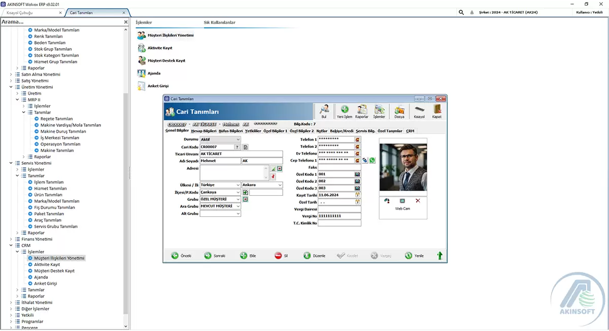 Akınsoft WOLVOX ERP cari ekranı