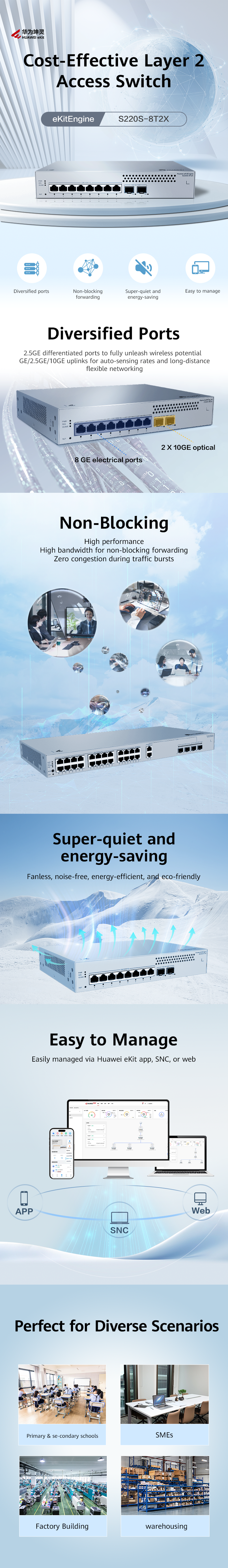 HUAWEI 8port 2-SFP Gigabit Layer2 Yönetilebilir Switch RackMount eKIT S220S-8T2X