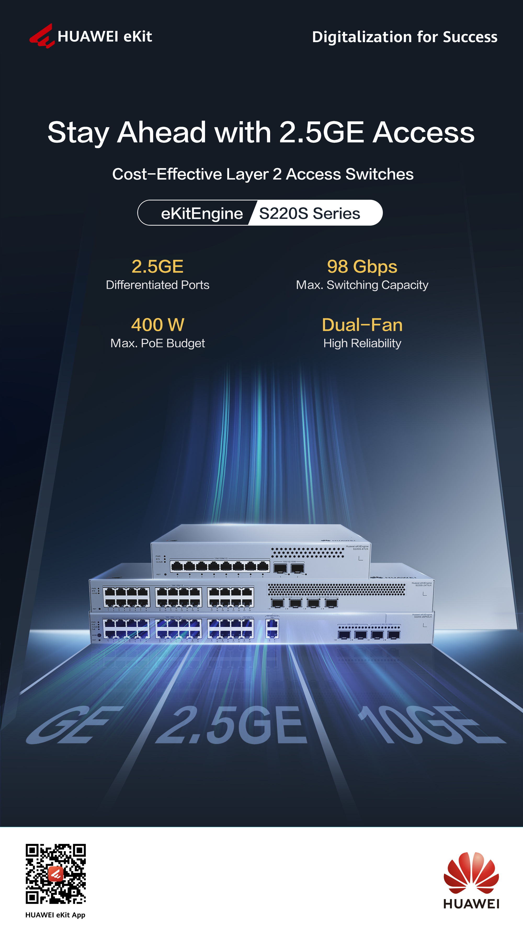 HUAWEI 24port POE+ 195w 2-SFP 2.5GE/2-SFP 10GE Gigabit Yönetilebilir Switch eKIT S220S-24LP4JX