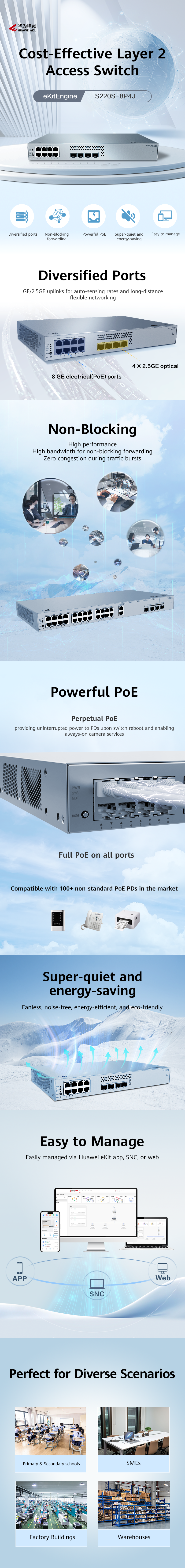 HUAWEI 8port PoE 128w 4-SFP 2.5GE Gigabit Yönetilebilir Switch eKIT S220S-8P4J