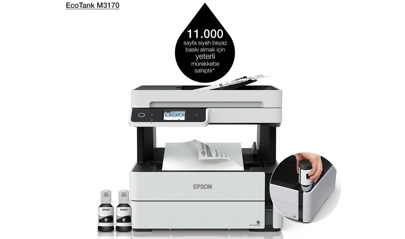 EPSON A4 Siyah EcoTank M3170 Çok Fonksiyonlu Faxlı Tanklı Dublex Yazıcı USB,Ethernet,Kablosuz