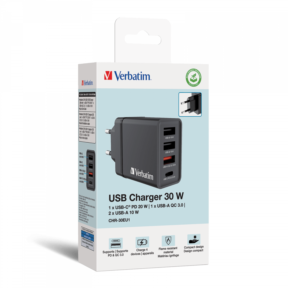VERBATIM CHR-30EU1 30W 4 Bağlantı Noktalı USB Duvar Şarj Cihazı - Siyah