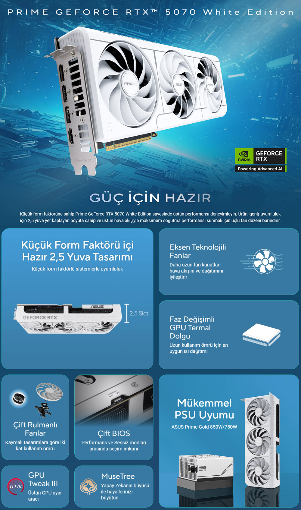 ASUS 12GB PRIME RTX5070-O12G GDDR7 192bit HDMI DP PCIe 5.0 Whıte Edıtıon