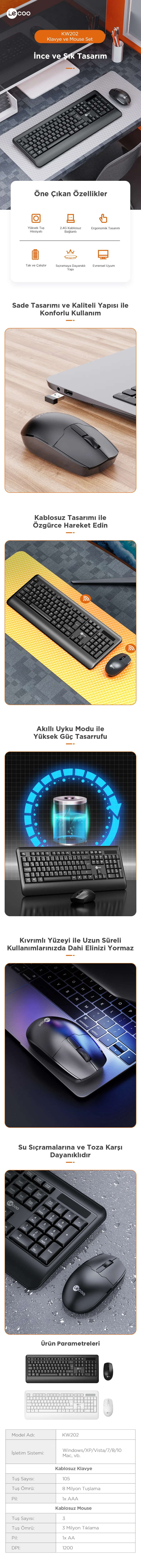 LECOO KW202 Kablosuz Q Trk Siyah Klavye - Mouse Set