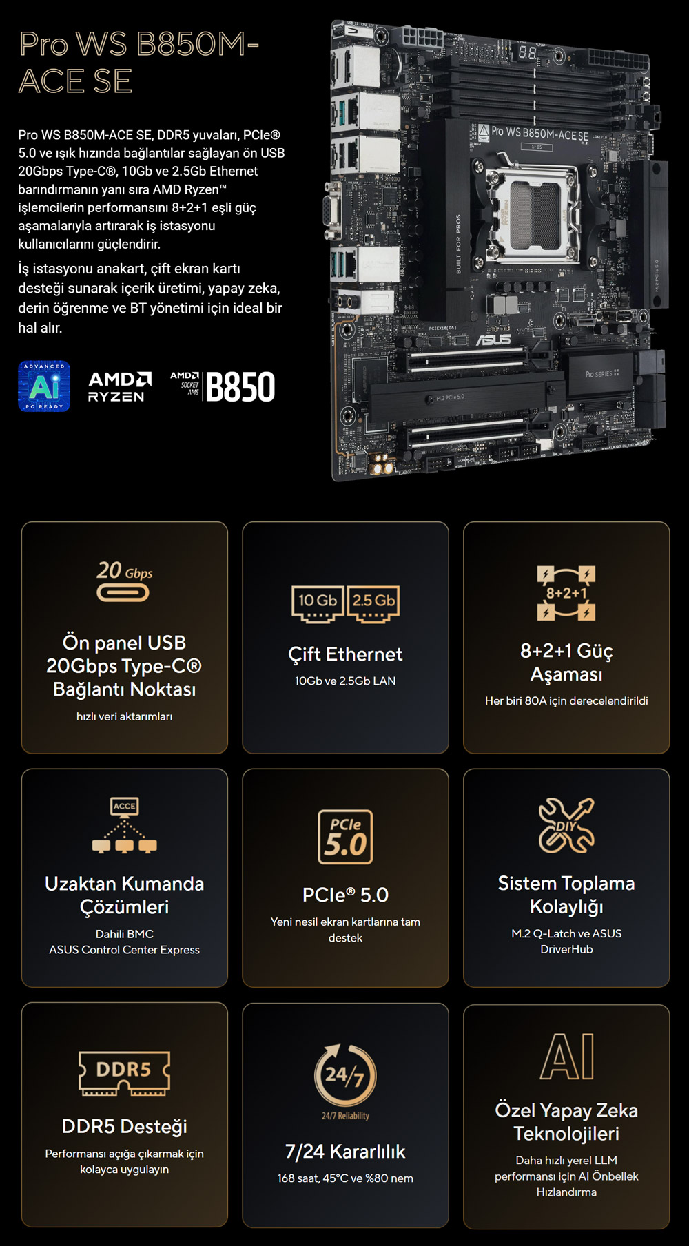ASUS PRO WS B850-ACE SE WIFI7 DDR5 HDMI DP PCIE 5.0 AM5 ATX İş İstasyonu Anakartı