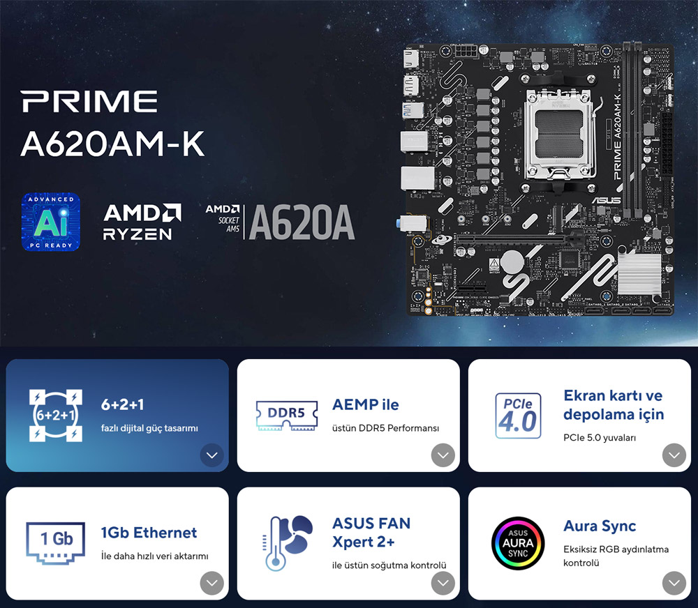 ASUS PRIME A620AM-K DDR5 HDMI PCIe 16X v4.0 AM5 mATX