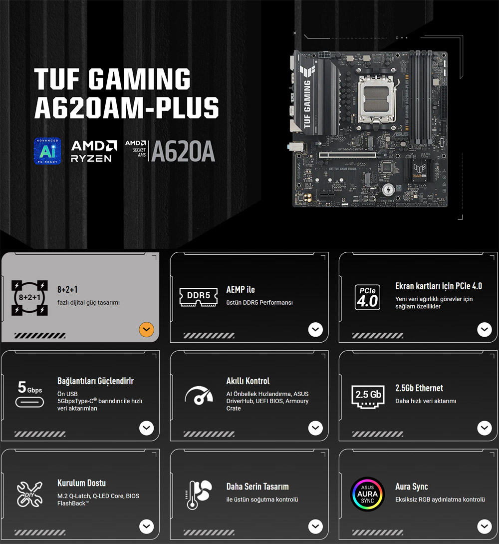 ASUS TUF GAMING A620AM-PLUS DDR5 HDMI DP PCIe 16X v4.0 AM5 mATX