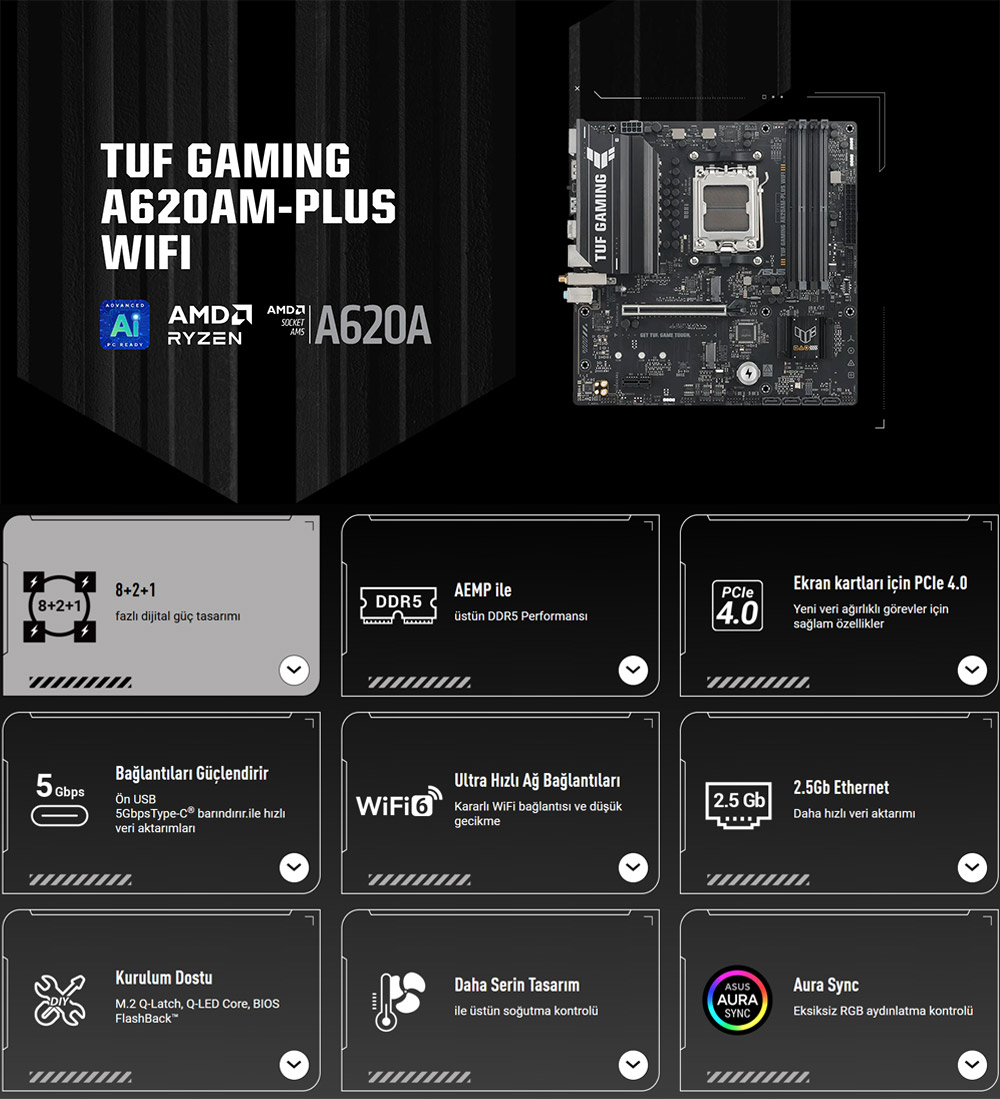 ASUS TUF GAMING A620AM-PLUS WIFI DDR5 HDMI DP PCIe 16X v4.0 AM5 mATX