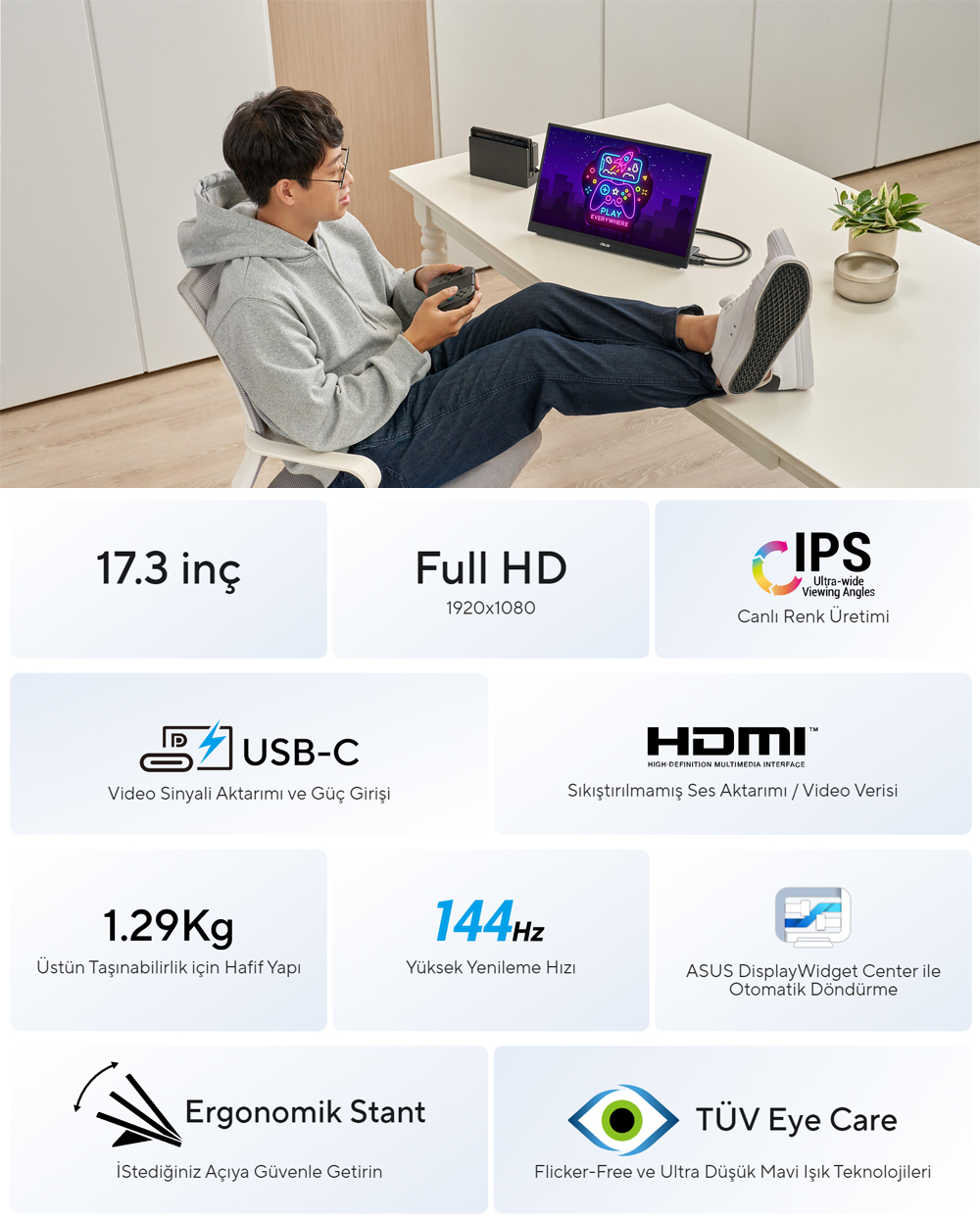 ASUS 17.3" IPS ZENSCREEN MB17AHG 5MS 144Hz HDMI TYPEC Taşınabilir Monitör 1920X1080