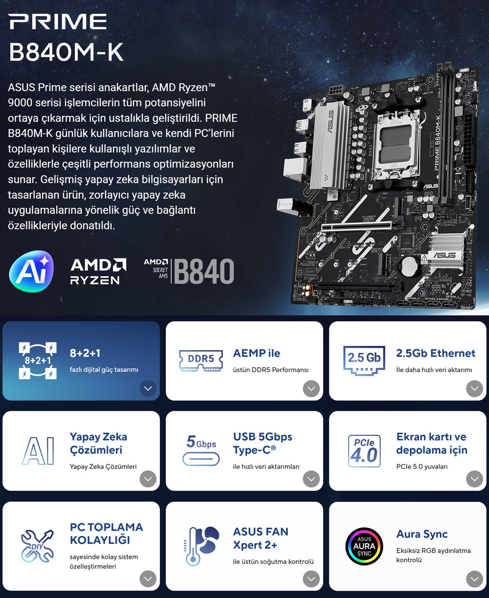 ASUS PRIME B840M-K DDR5 HDMI PCIE 4.0 AM5 mATX