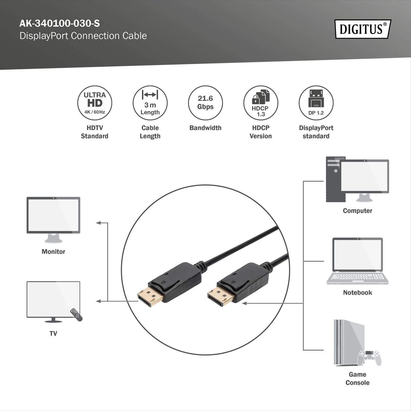 DIGITUS DP Görüntü Kablosu 3m (AK-340100-030-S)