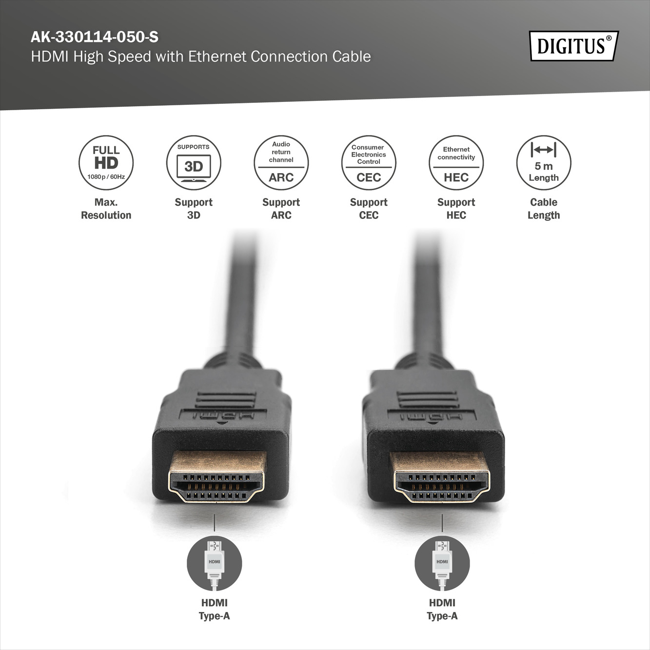 DIGITUS HDMI Görüntü Kablosu 5m (AK-330114-050-S)