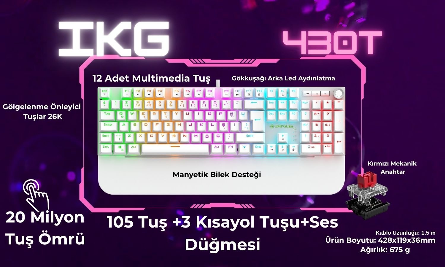 INCA IKG-430T Kablolu USB Q Trk Beyaz Gaming Klavye