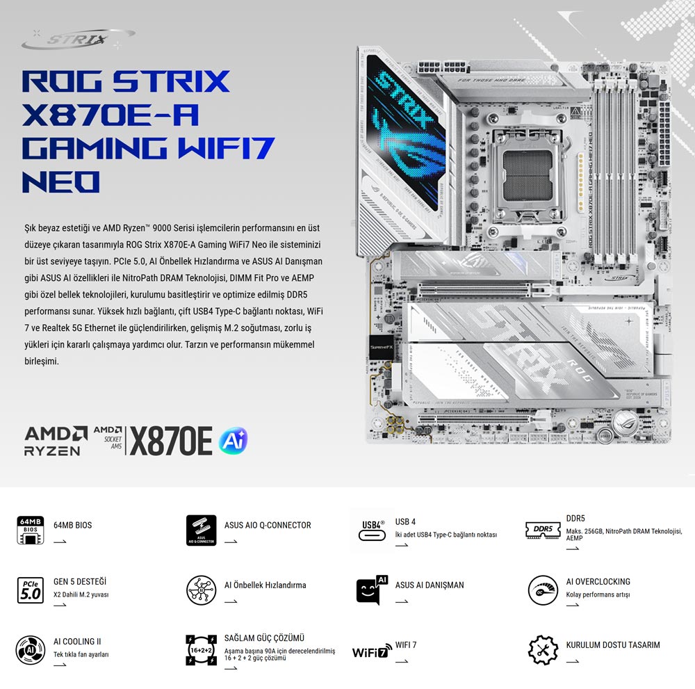 ASUS ROG STRIX X870E-A GAMING WIFI7 NEO DDR5 HDMI-DP PCIE 5.0 AM5 ATX Beyaz