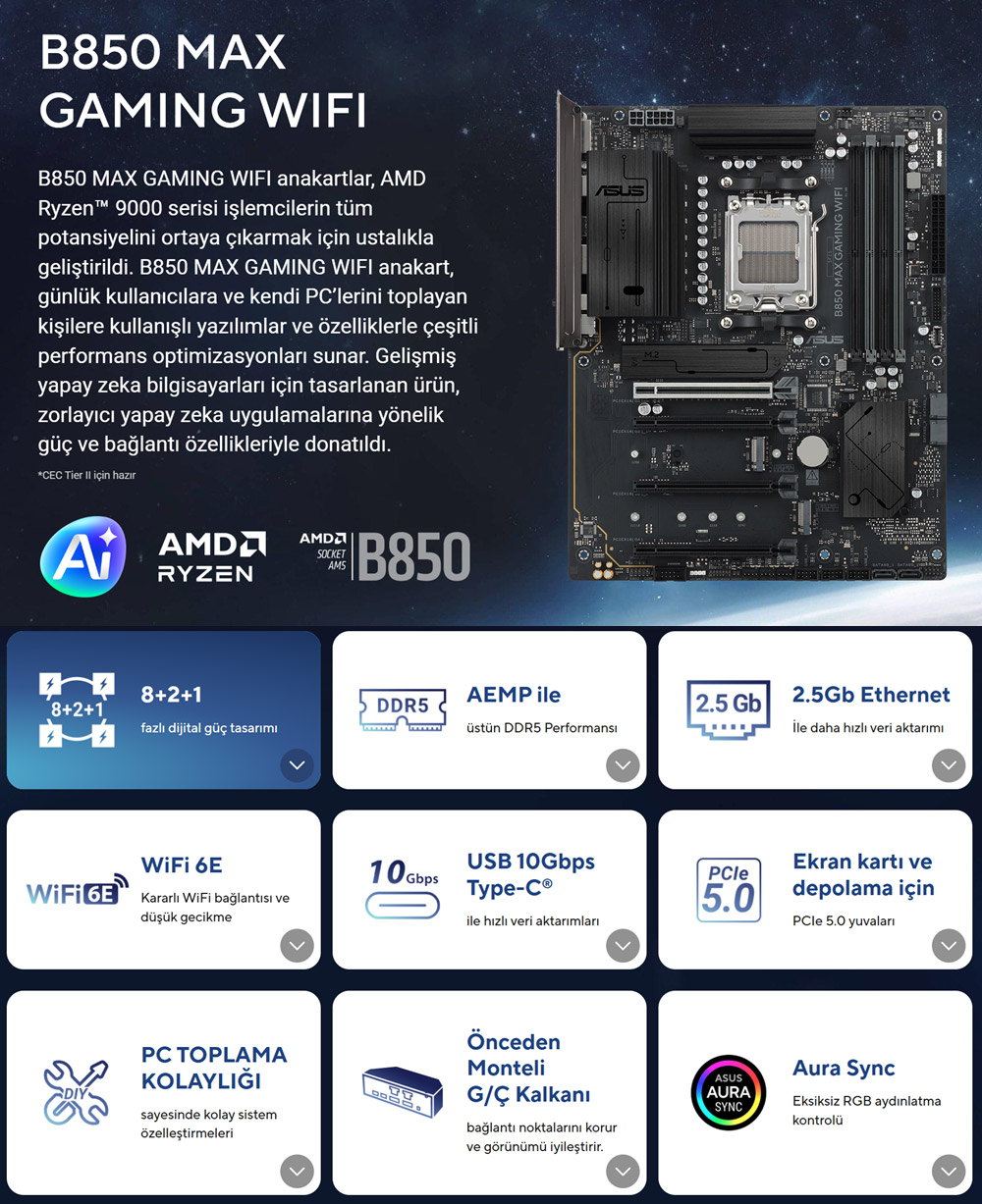 ASUS B850 MAX GAMING WIFI6E DDR5 HDMI-DP PCIE 5.0 AM5 ATX
