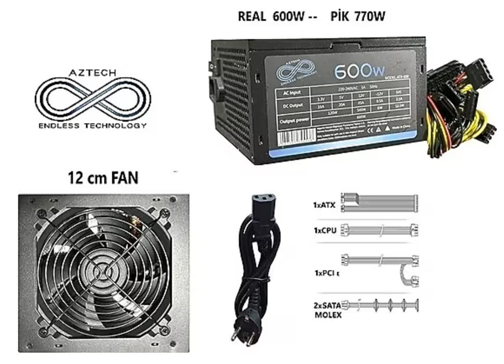 AZTECH 600W 12cm Fanlı Atx Power Supply