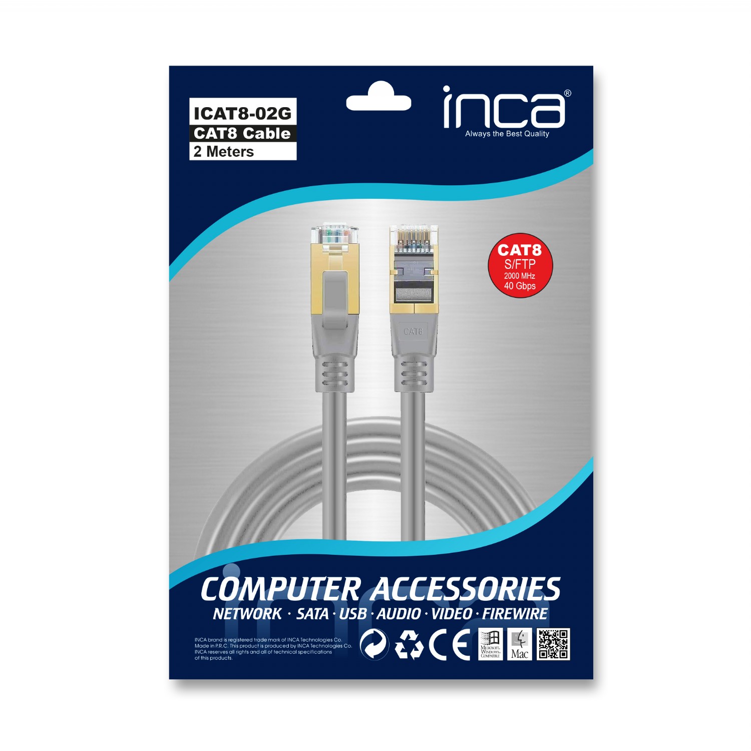 INCA 2metre CAT8 S/FTP ICAT8-02G Gri Patch Kablo