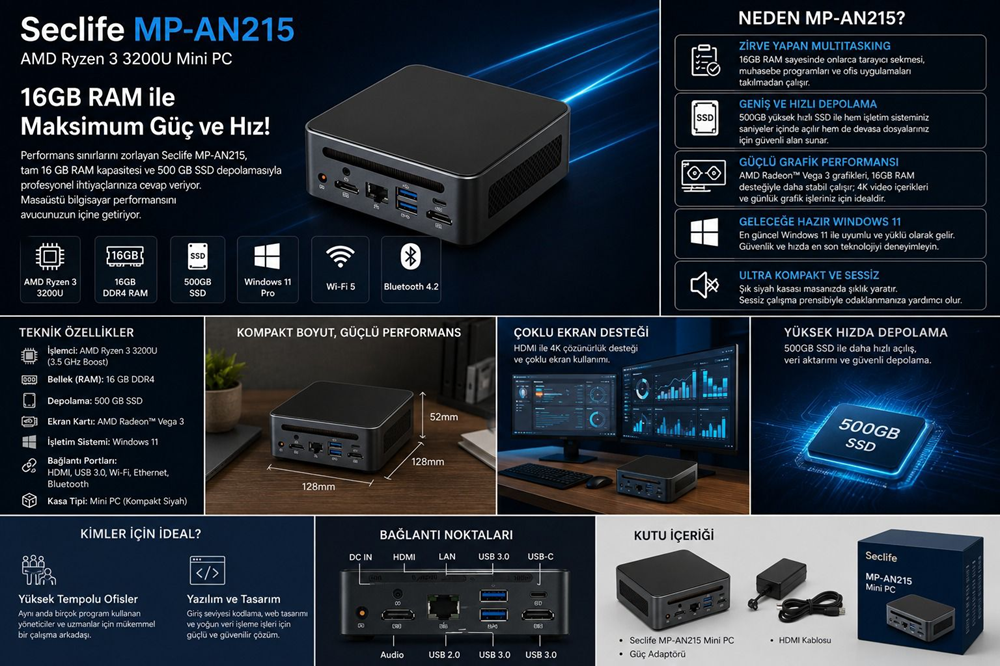 SECLIFE RYZEN 3 3200U - 16GB DDR4 RAM - 500GB SSD - W11H MINI PC / MP-AN215 SİYAH