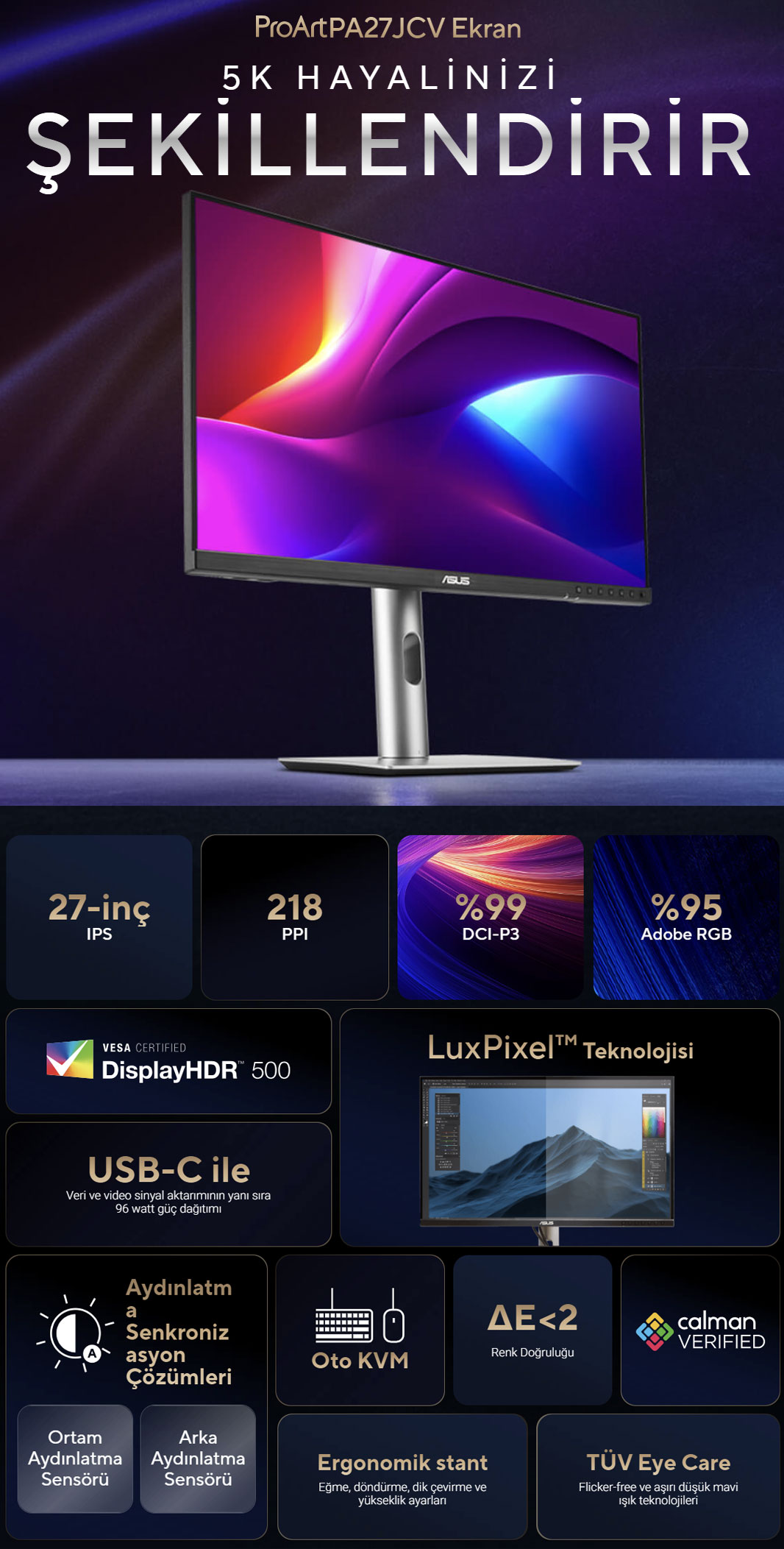 ASUS 27" IPS PROART PA27JCV 5MS 60Hz HDMI-DP-USB-C Pivot Grafik Tasarım Monitör 5120x2880