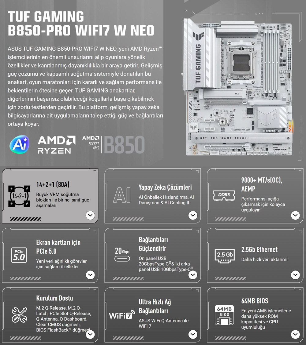 ASUS TUF GAMING B850-PRO WIFI7 W NEO DDR5 HDMI-DP PCIE 5.0 AM5 ATX
