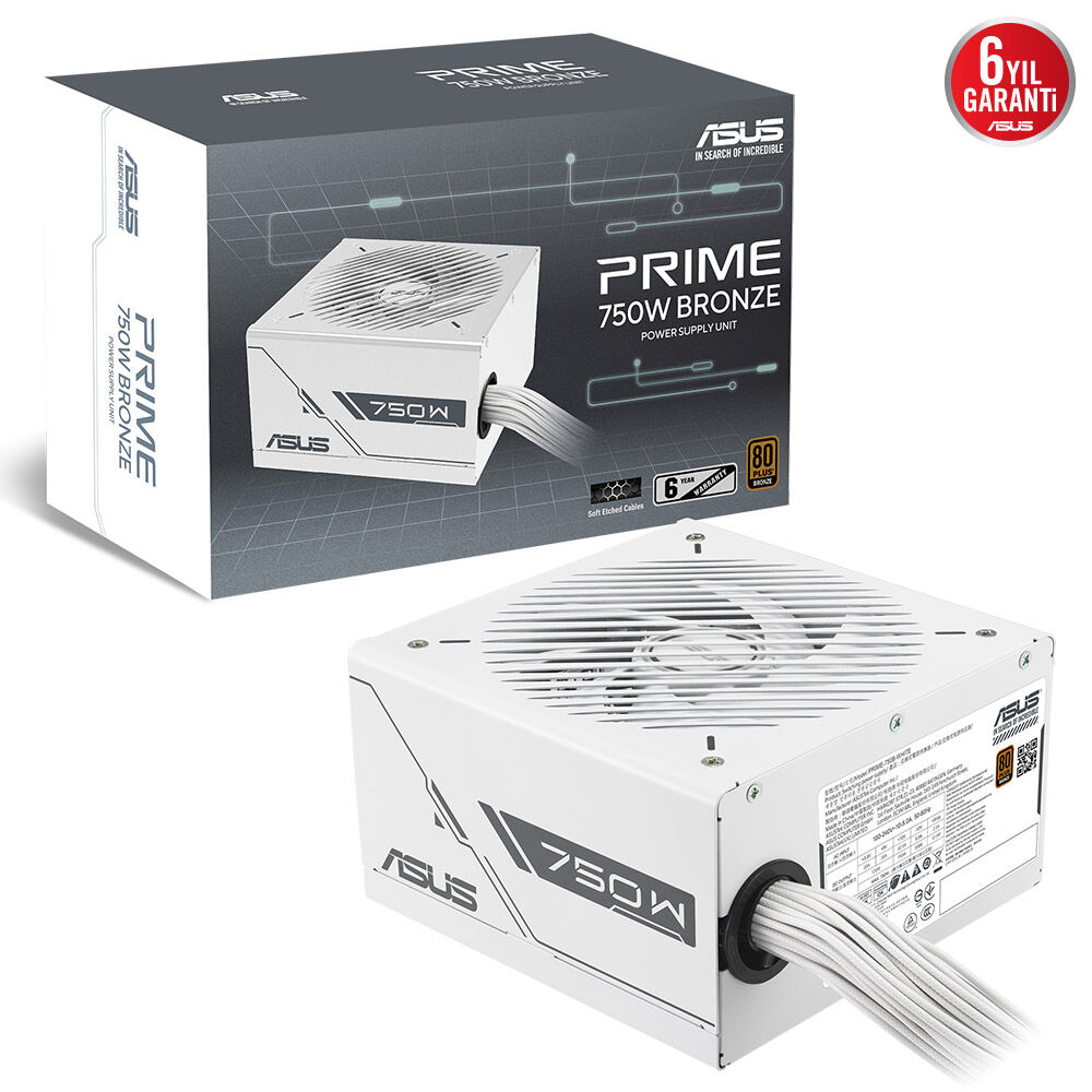 ASUS PRIME 750W BEYAZ (750W, 80+ BRONZ SERTİFİKALI, 135MM FAN,  6 YIL GARANTİ) BEYAZ