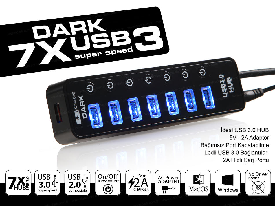 DARK DK-AC-USB371 7port USB 3.0 USB Çoklayıcı Hub Anahtarlı