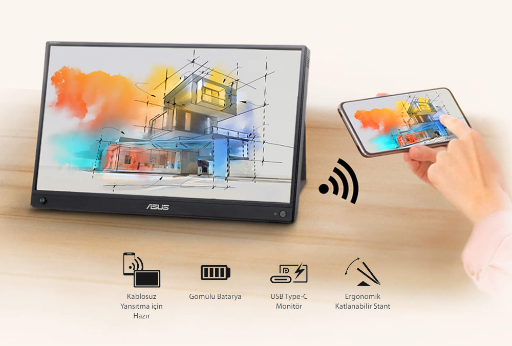 ASUS 15.6" IPS ZenScreen MB16AWP 5MS 60HZ Kablosuz Taşınabilir Monirtör 1920x1080 /  90LM07I1-B01370
