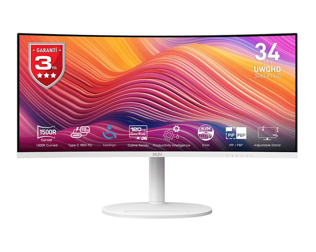 MSI 34" VA MODERN MD342CQPW 1MS 120HZ HDMI-DP Ev Ofis Monitörü Beyaz 3440x1440