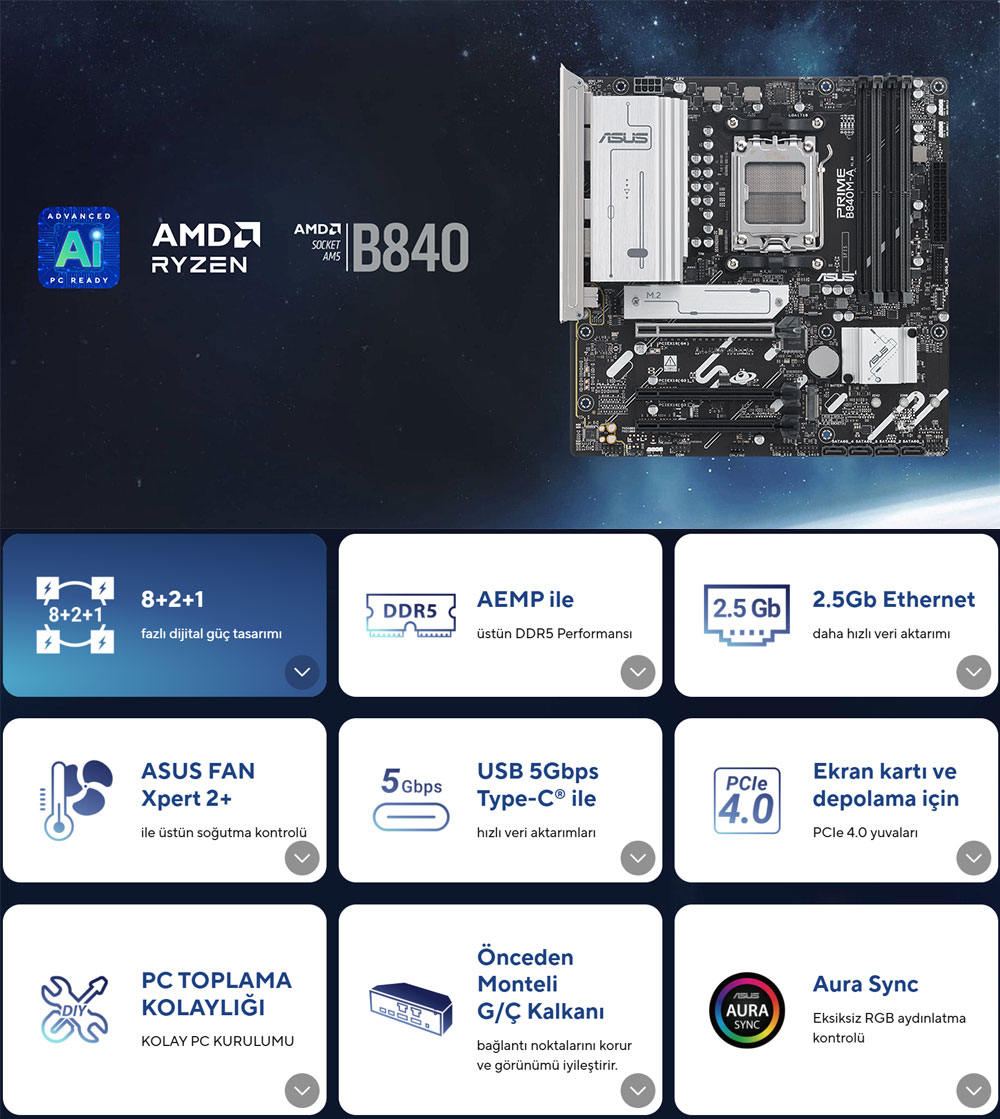 ASUS PRIME B840M-A-CSM DDR5 HDMI-DP TYPEC PCIE 4.0 AM5 mATX Kurumsal Anakart / 90MB1J10-M0EAYC