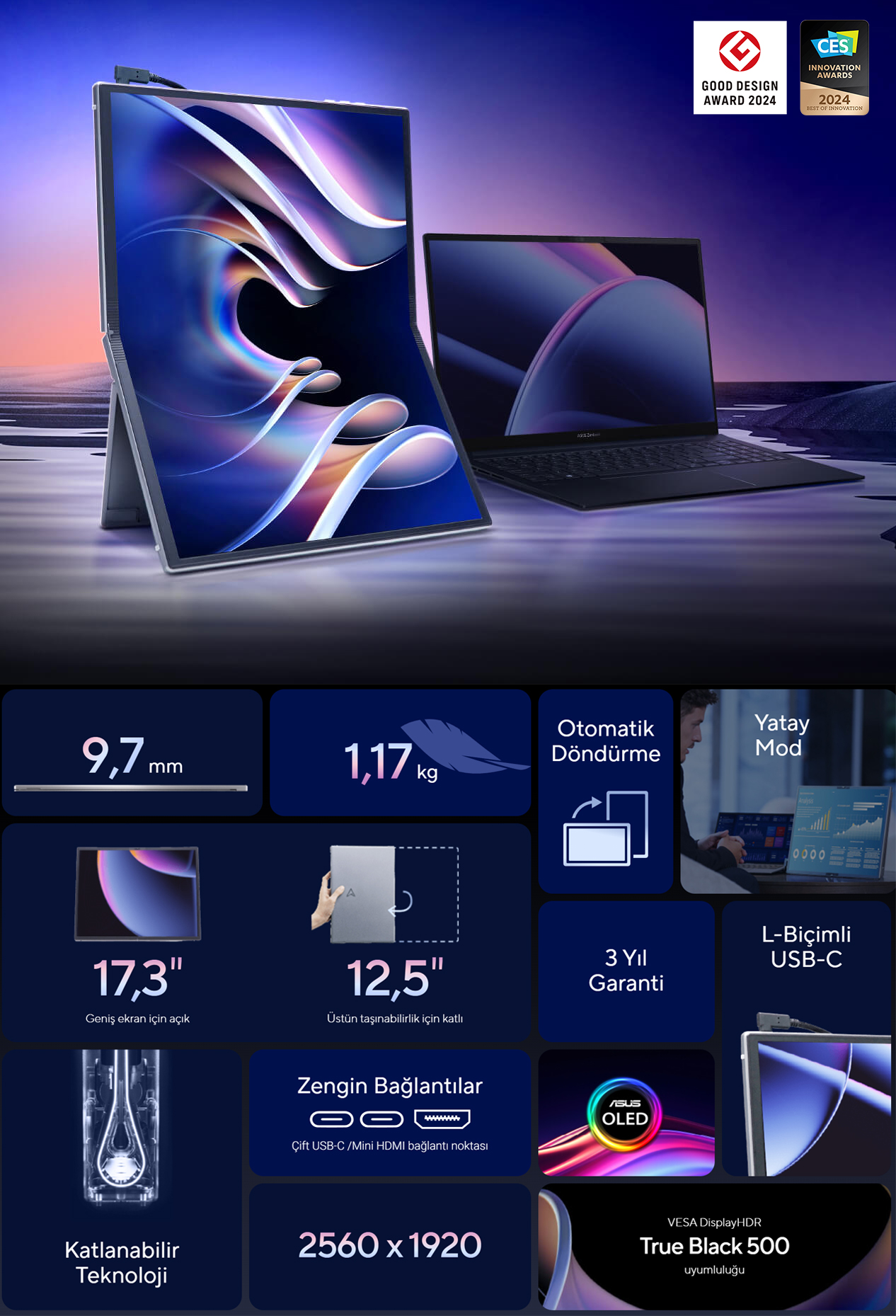 ASUS 17.3" OLED ZenScreen MQ17QH 0.2MS 60HZ mini HDMI-TYPEC Katlanabilir Taşınabilir Monitör 2560x1920
