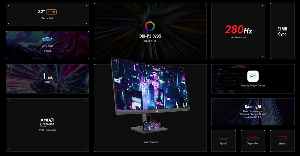 ASUS 31.5" FAST VA ROG STRIX XG32WCMS 1MS 280HZ HDMI-DP Gaming Monitör 2560x1440 / 90LM09X0-B01970