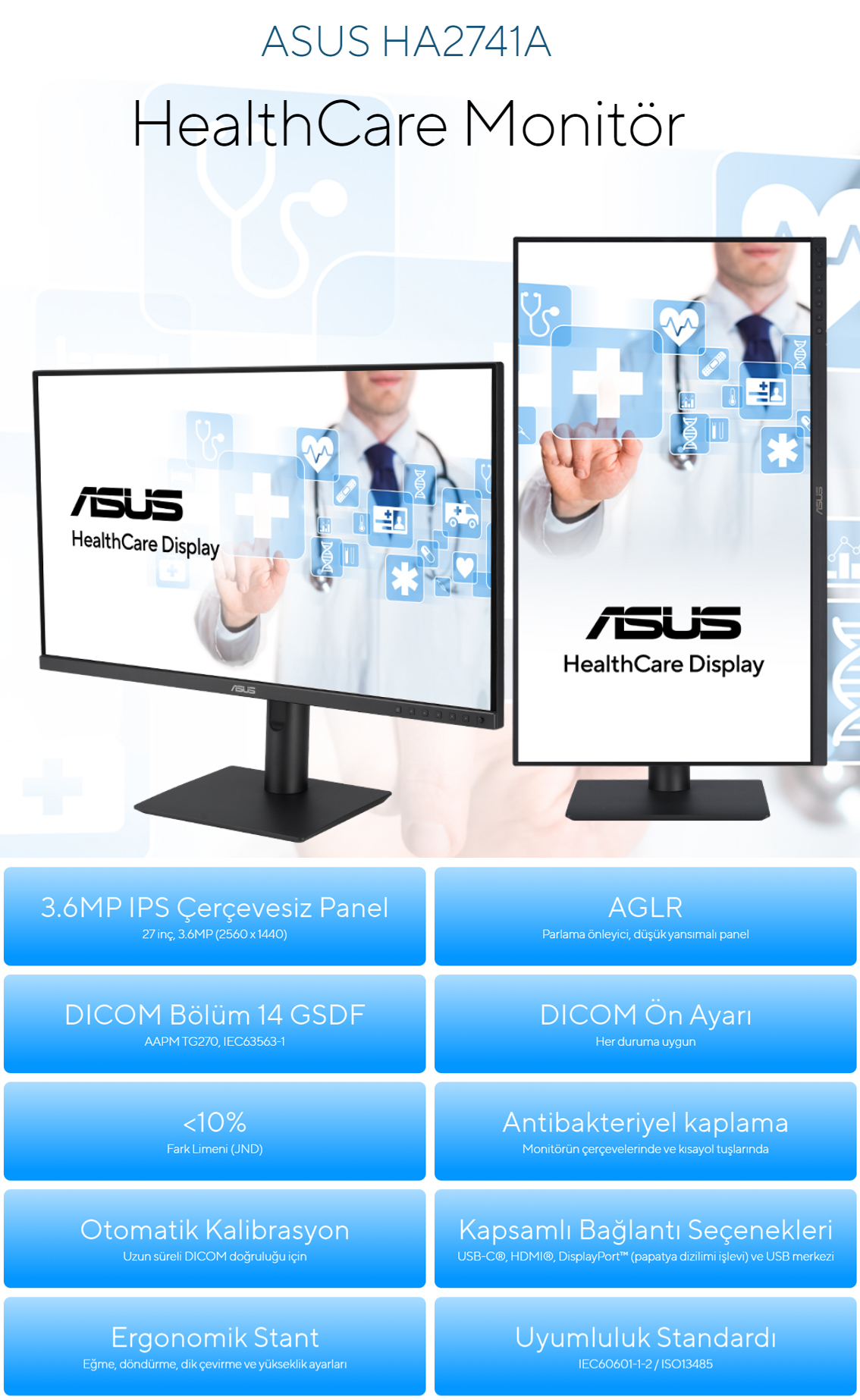ASUS 27" IPS HA2741A 5MS 75HZ HDMI-DP TYPEC Medikal Pivot Monitör 2560x1440