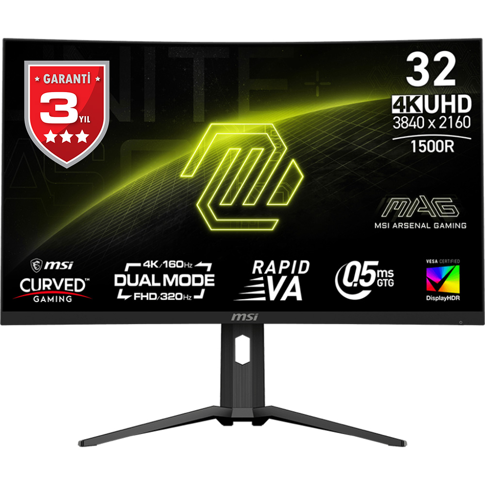 MSI 31.5" RAPID VA MAG 321CUPDF 0.5MS 160HZ HDMI-DO TYPEC Gaming Monitör 3840x2160