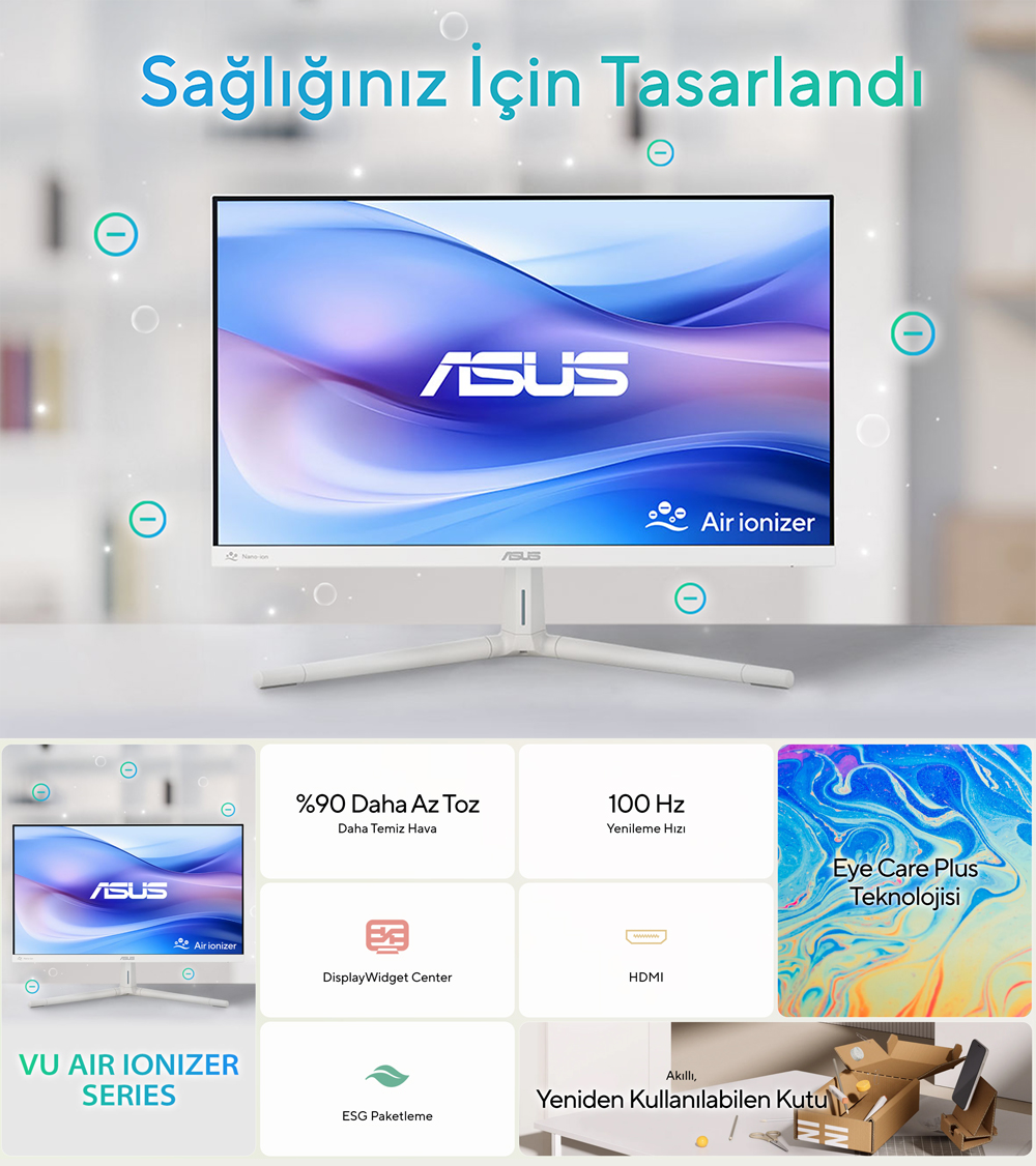 ASUS 27" IPS VU279HFI-W 1MS 100HZ HDMI  Nano İyon Monitör Beyaz 1920x1080 / 90LM09IT-B01K70