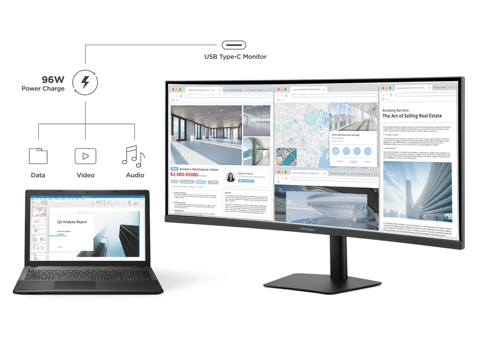 VIEWSONIC 37.5" IPS VA3820C 5MS 75HZ HDMI-DP TYPEC Kavisli Kurumsal Monitör 3840x1600