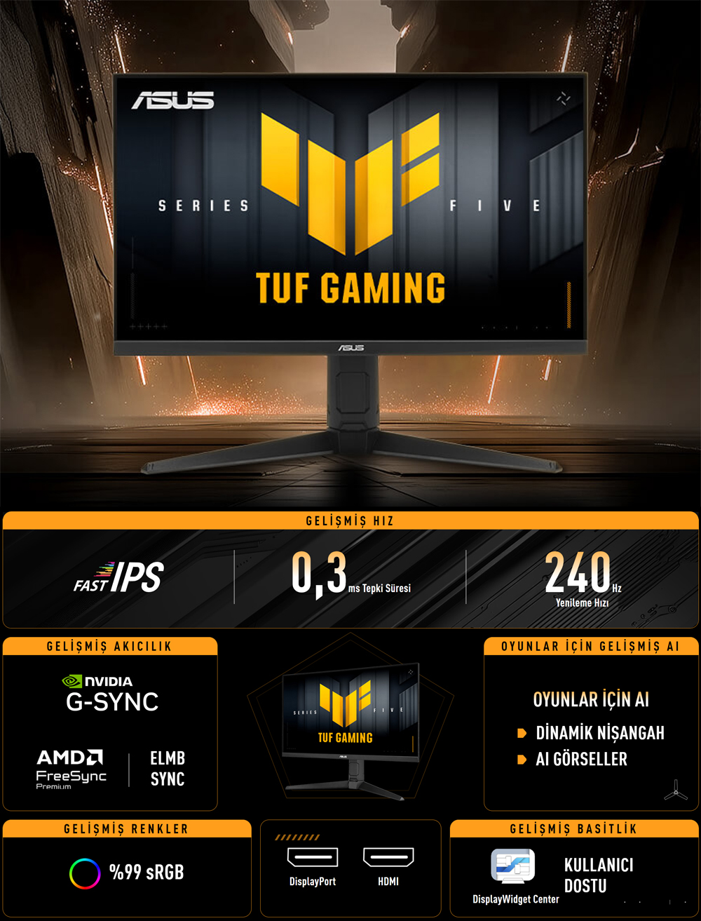 ASUS 27" IPS TUF GAMING VG279QML5A 0.3MS 240HZ HDMI-DP Gaming Monitör 1920x1080