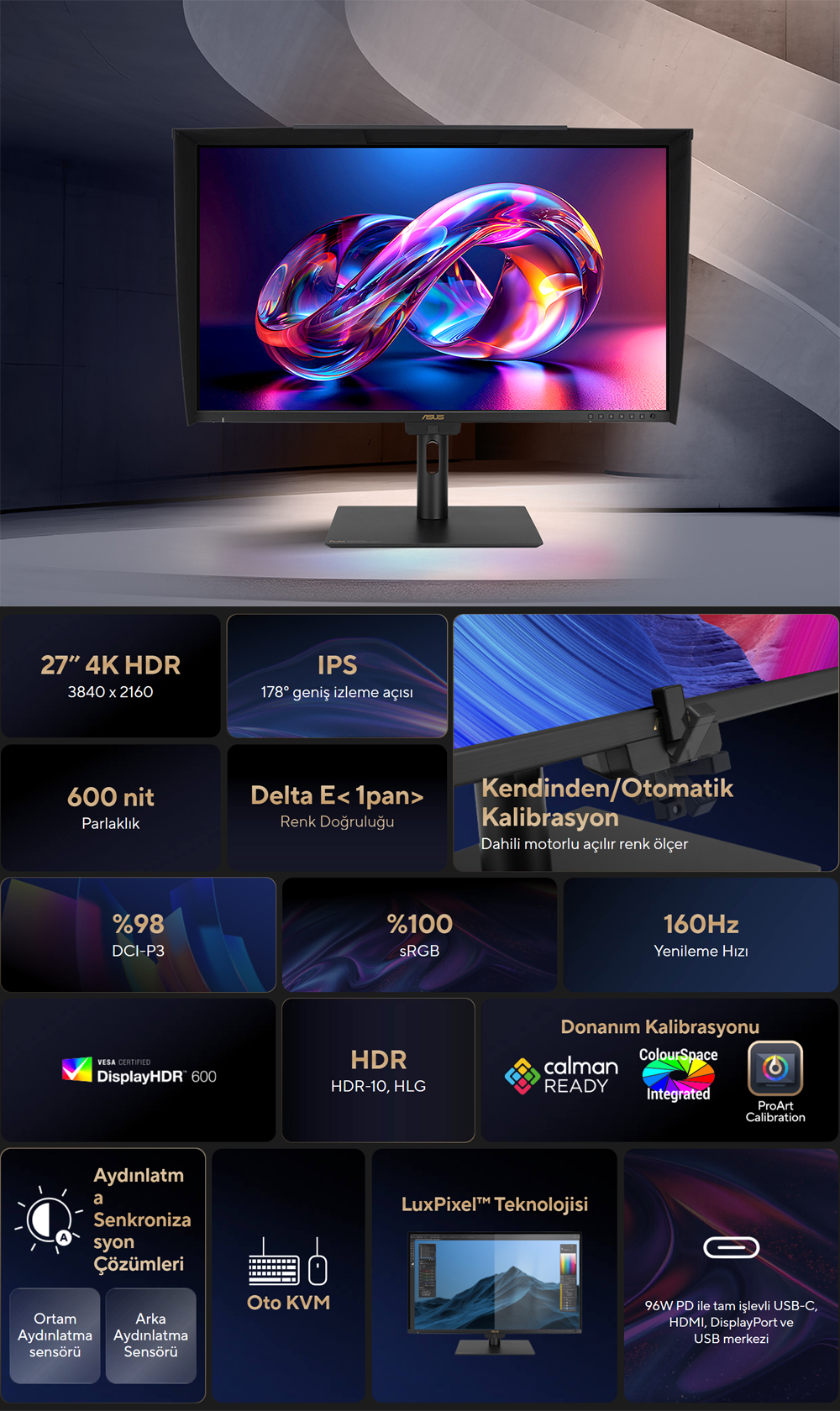 ASUS 27" IPS PROART PA27UCGE 1MS 160HZ HDMI-DP TYPEC Pivot Grafik Tasarım Monitörü 3840x2160 / 90LM04NC-B01K71