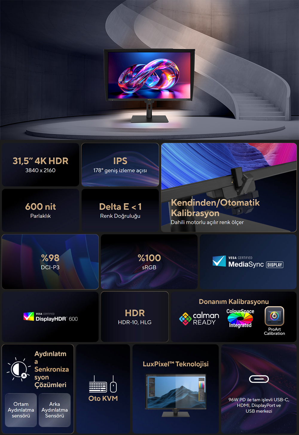 ASUS 31.5" IPS PROART PA32UCE 5MS 60HZ HDMI-DP TYPEC Grafik Tasarım Monitörü 3840x2160