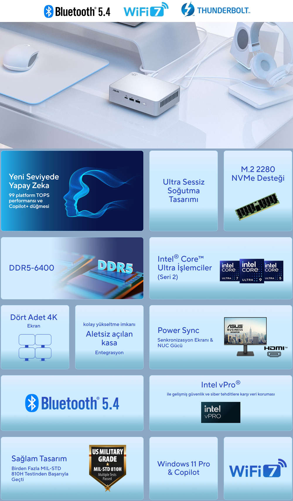 ASUS ULTRA 225H-RAM-DİSK YOK-FDOS MINI PC GÜMÜŞ / NUC15 PRO+ RNUC15CRSU500002