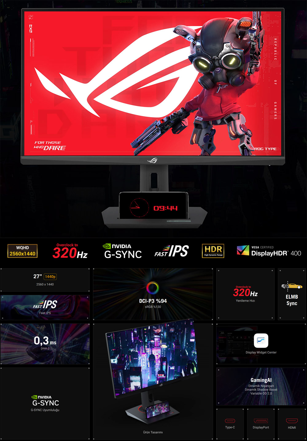 ASUS 27" IPS ROG STRIX XG27ACMS 0.3MS 320HZ OC HDMI-DP TYPEC Pivot Gaming Monitör 2560x1440 /  90LM0BE0-B01171