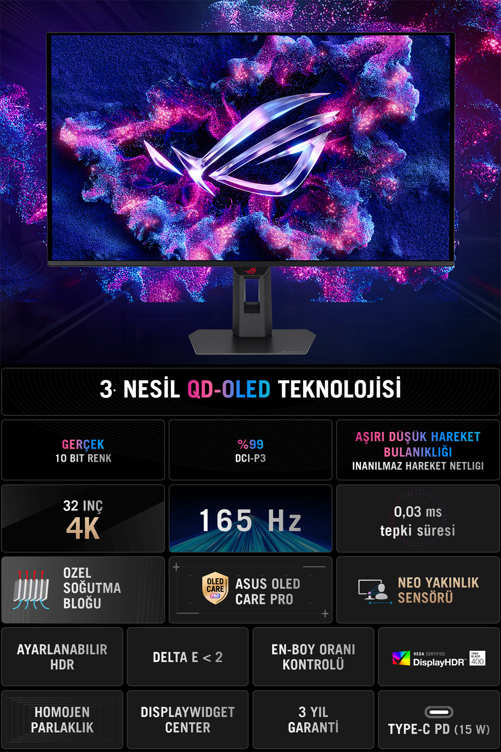 ASUS 31.5" OLED ROG STRIX XG32UCDS 0.03MS 165HZ HDMI-DP TYPEC Gaming Monitör 3840x2160