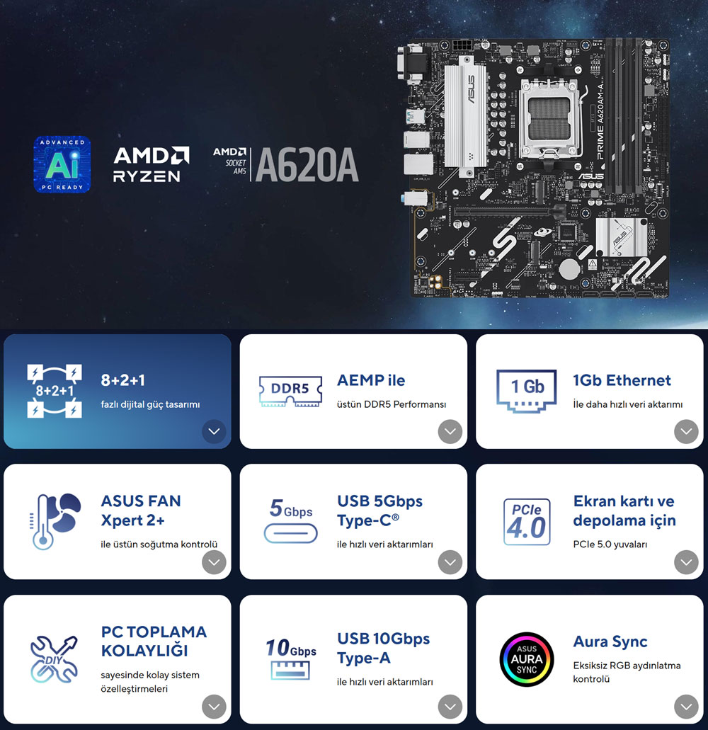 ASUS PRIME A620AM-A-CSM DDR5 HDMI-DP PCIE 4.0 AM5 mATX Kurumsal Anakart