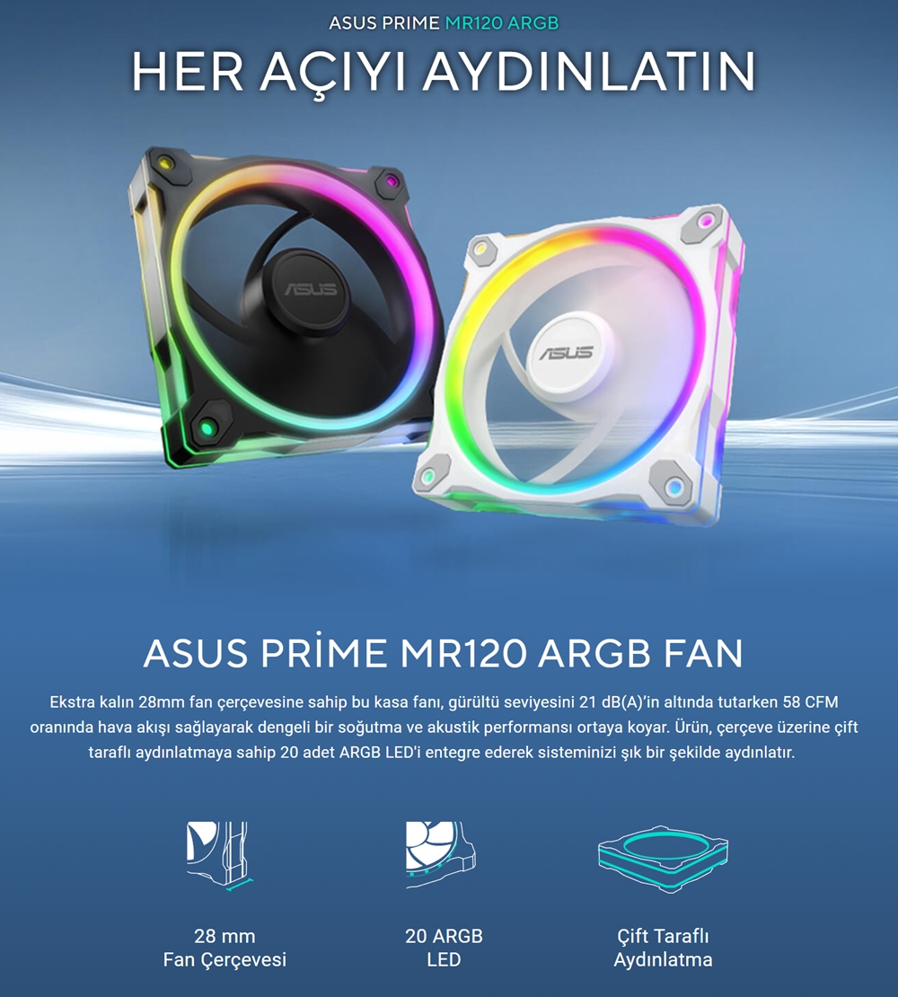 ASUS PRIME MR120 ARGB Beyaz Üçlü Kasa Fanı Seti (3'li set) / 90DA00I3-B09020