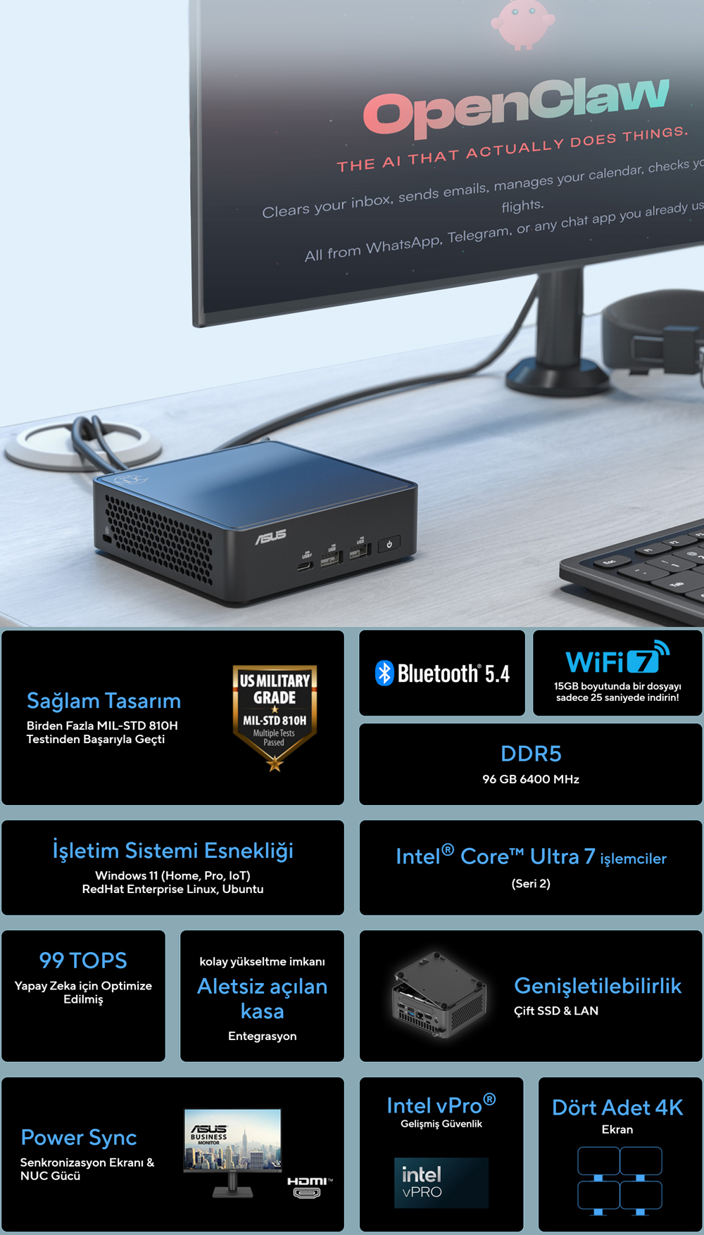 ASUS CORE 3 100U-RAM DİSK YOK-FDOS MINI PC / NUC15 PRO SLIM KIT RNUC15CRKI300002 /90AR00R2-M00050
