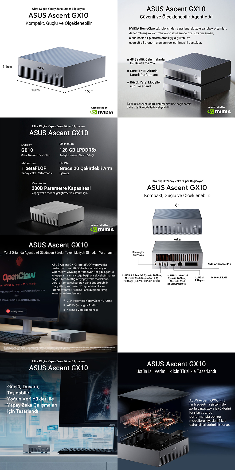 ASUS ARM v9.2-A 128GB LPDDR5X- 4TB M2 NVME- NVIDIA BLCKW GB10 GPU- FDOS Yapay Zeka Bilgisayarı / ASCENT GX10 90MS0371-M000V0