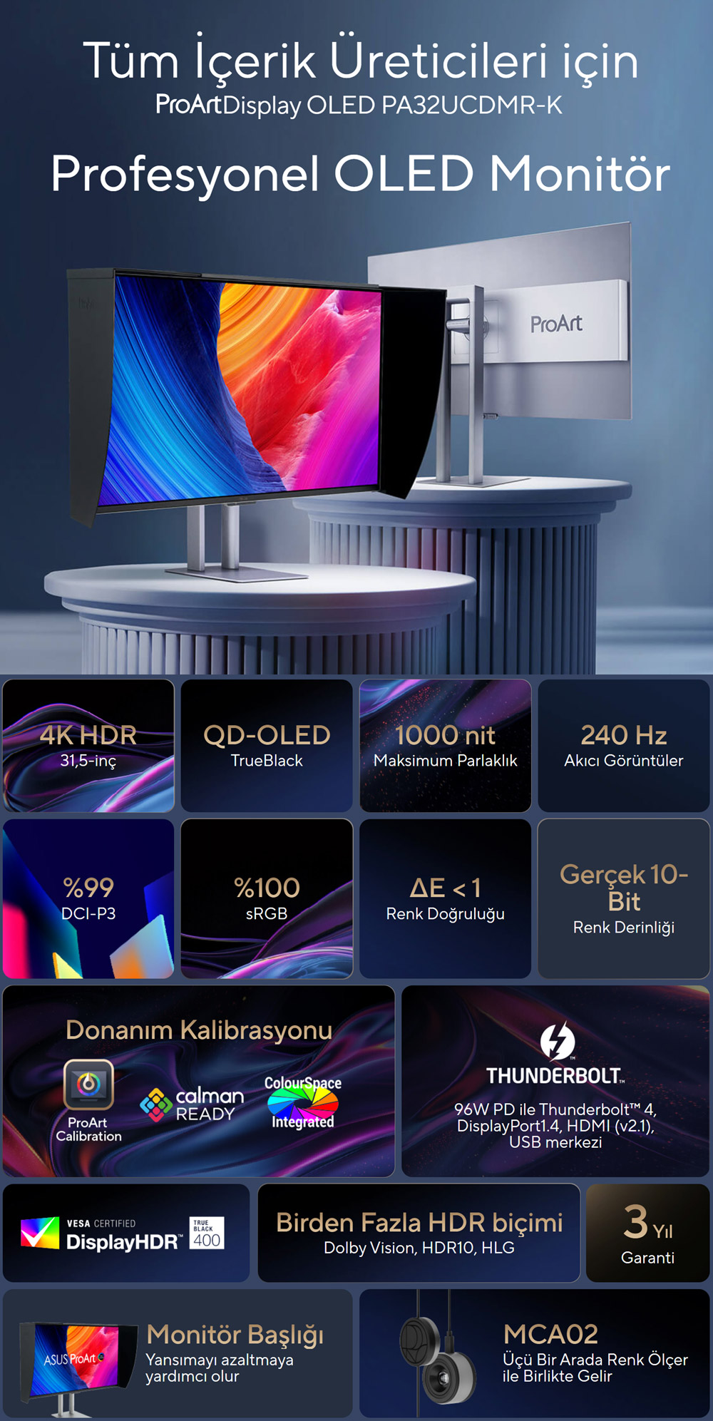 ASUS 31.5" OLED PROART PA32UCDMR-K 0.1MS 240HZ HDMI-DP Thunderbolt Grafik Tasarım Monitörü 3840x2160