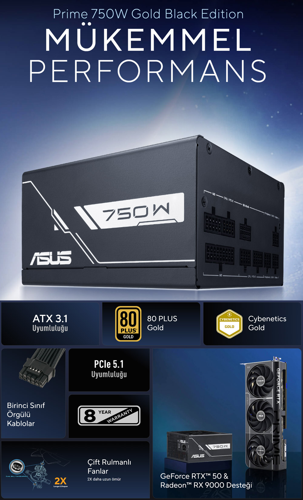 ASUS 750w 80+ Gold PRIME 750G Tam Modüler Power Supply / 90YE00U3-B0NA00