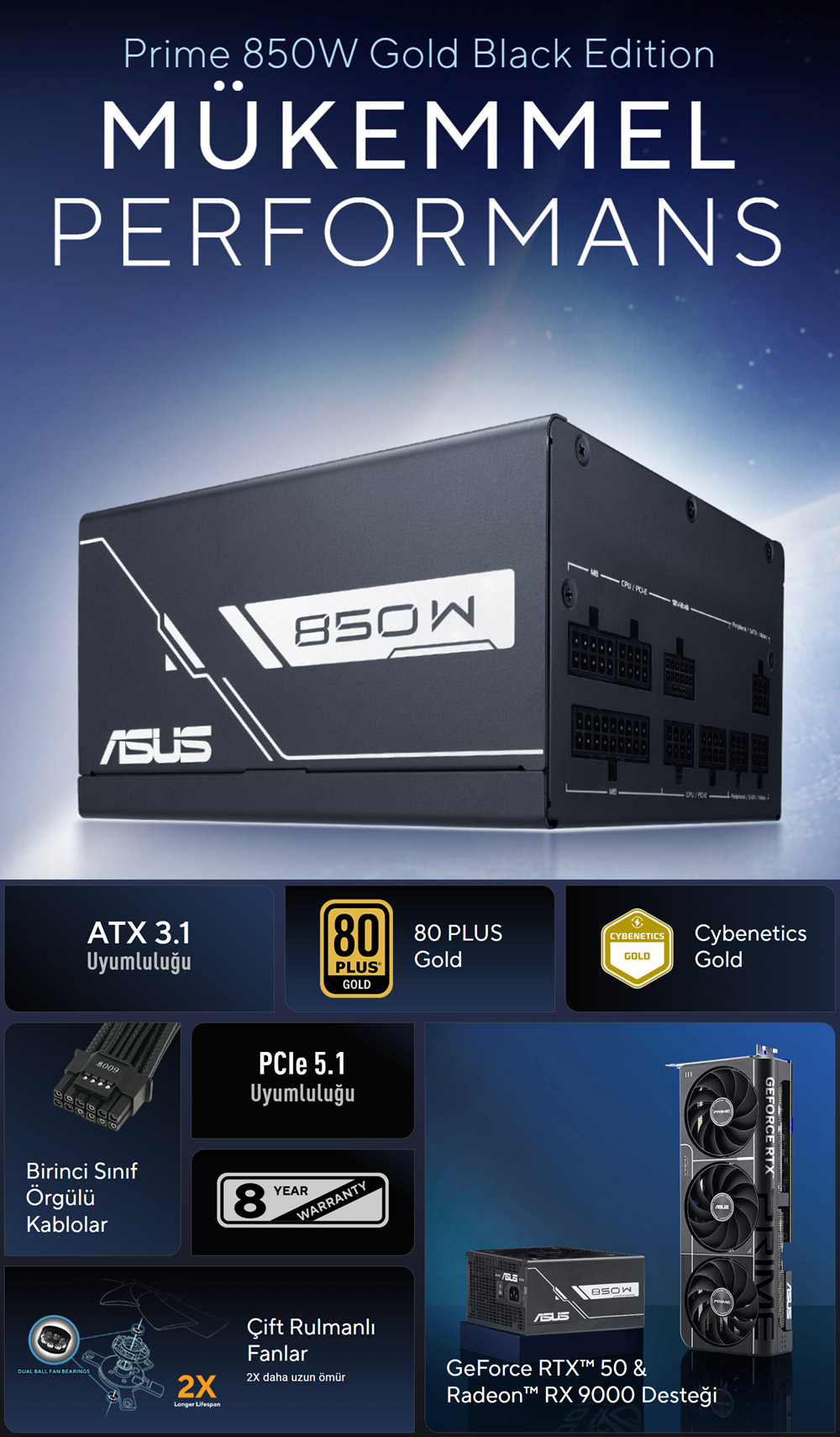 ASUS 850w 80+ Gold PRIME 850G Tam Modüler Power Supply / 90YE00U2-B0NA00