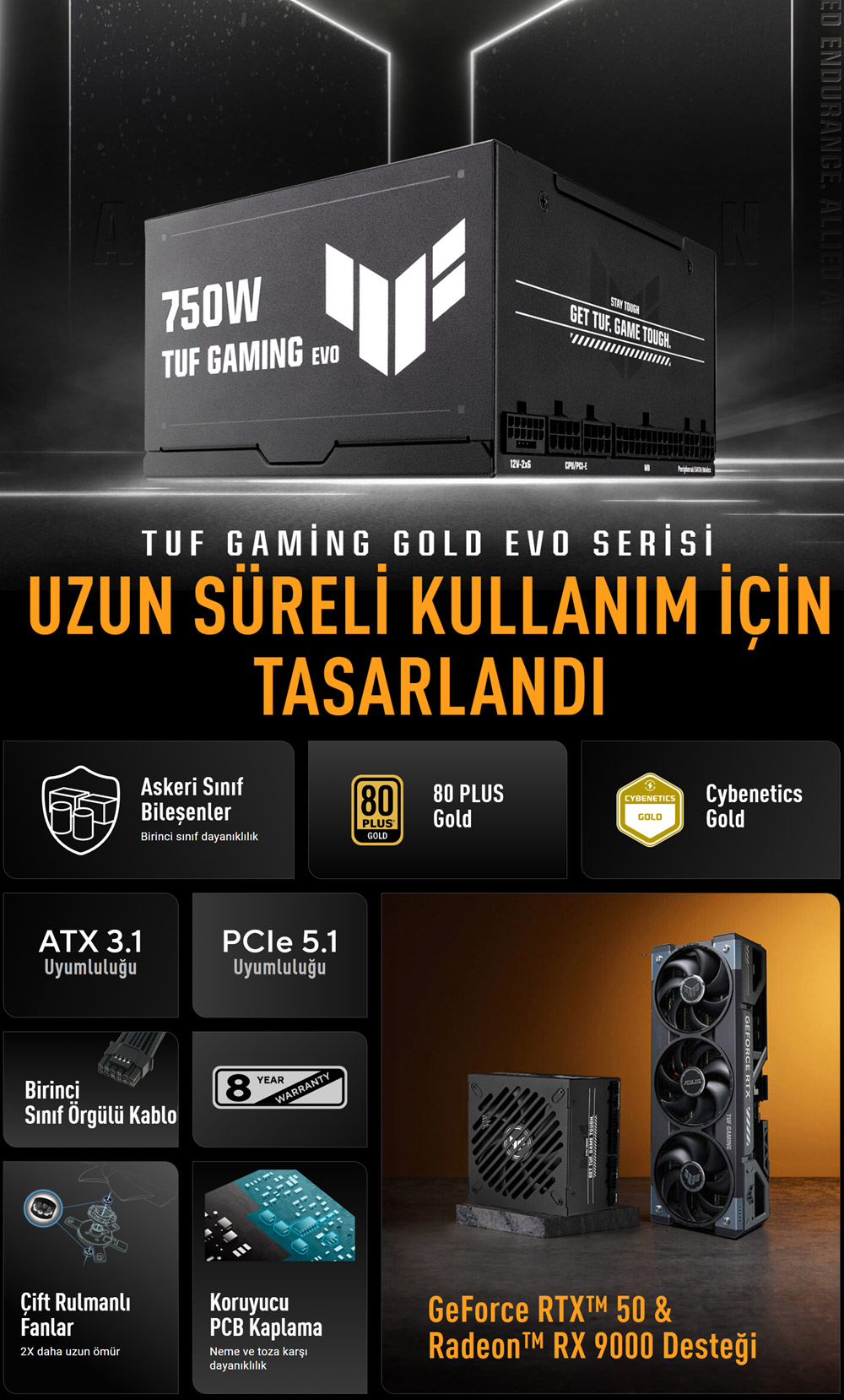 ASUS 750w 80+ Gold TUF GAMING 750G EVO Tam Modüler Power Supply /  90YE00SB-B0NA00