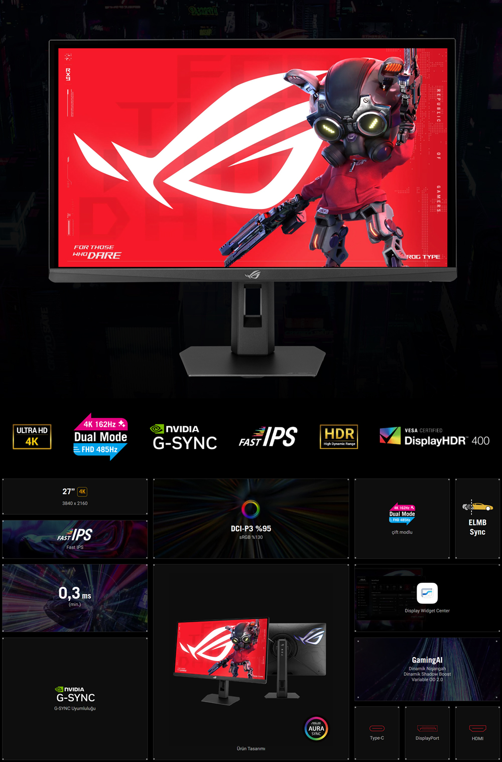 ASUS 27" FAST IPS ROG STRIX XG27UCGR 1MS DUAL 160-320HZ HDMI-DP TYPEC Gaming Monitör 3840x2160 / 90LM0CS0-B01371